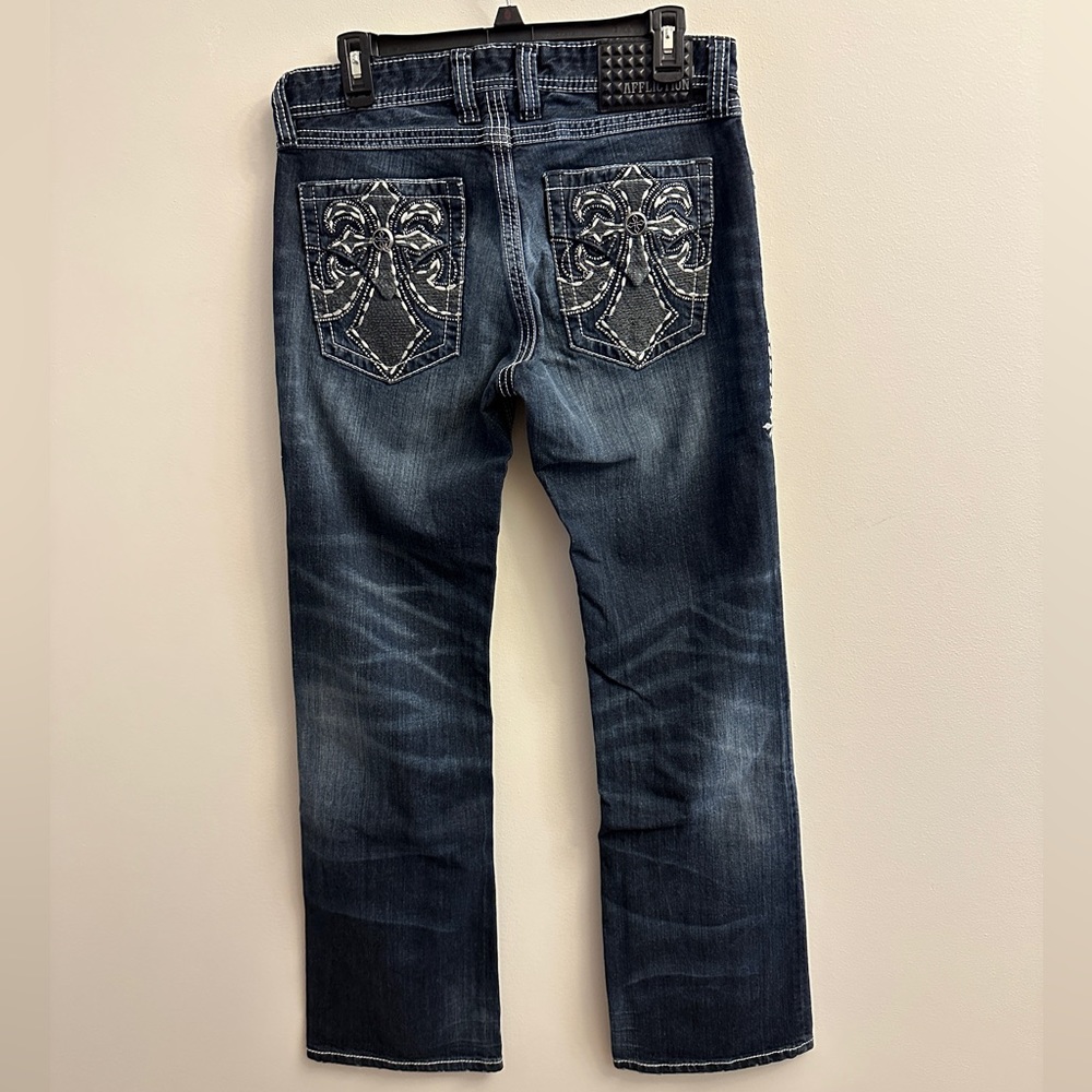 AFFLICTION Black PREMIUM Dark Wash COOPER Boot DESTROYED EMBELLISHED SZ 30